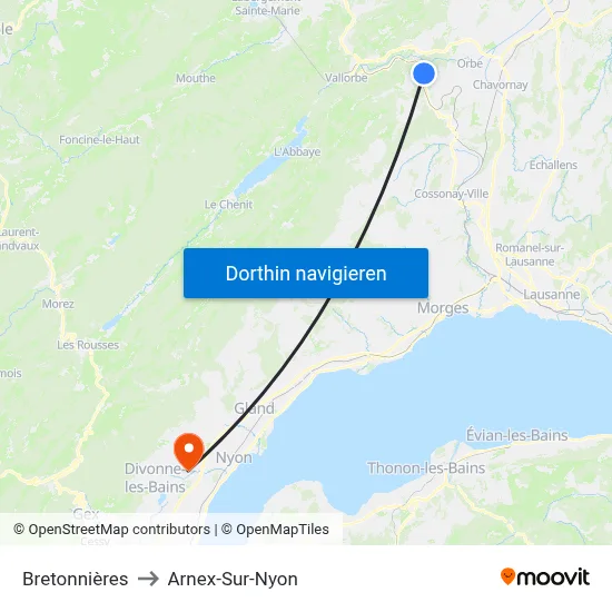 Bretonnières to Arnex-Sur-Nyon map