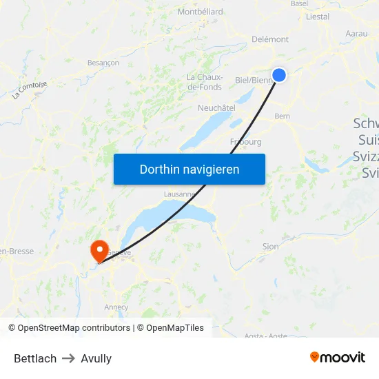 Bettlach to Avully map