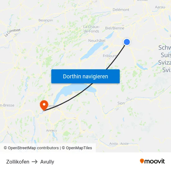 Zollikofen to Avully map