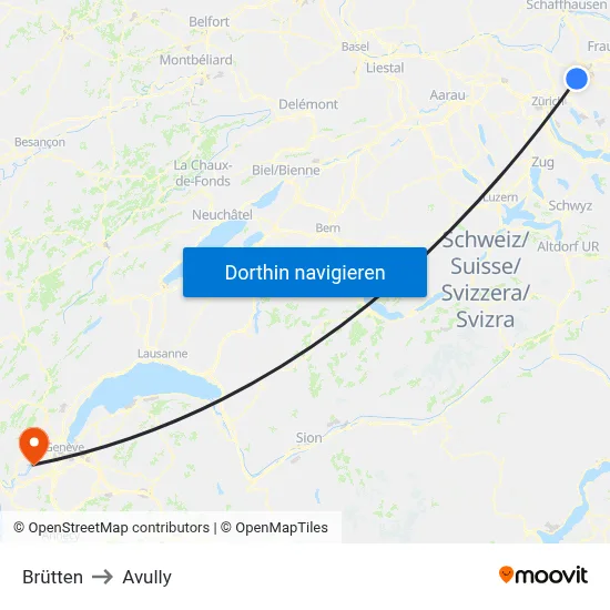 Brütten to Avully map