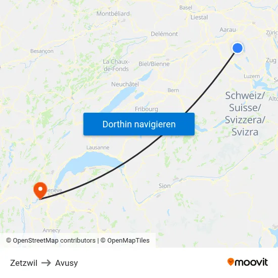 Zetzwil to Avusy map