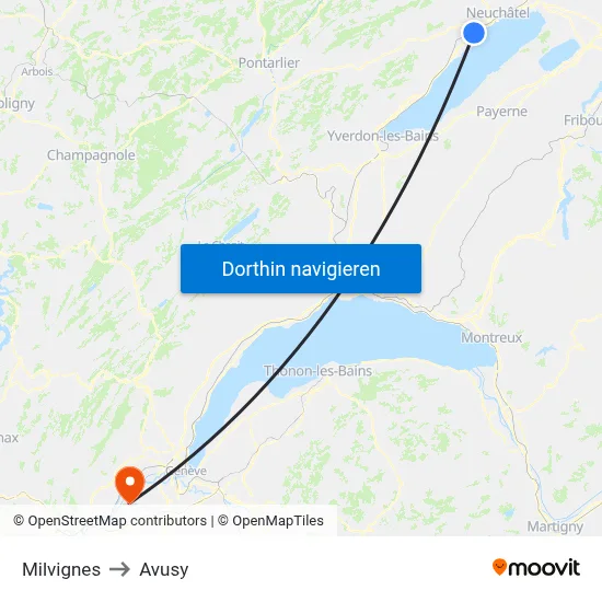 Milvignes to Avusy map