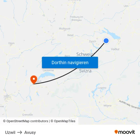 Uzwil to Avusy map