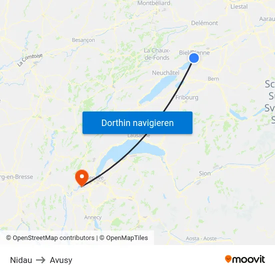 Nidau to Avusy map