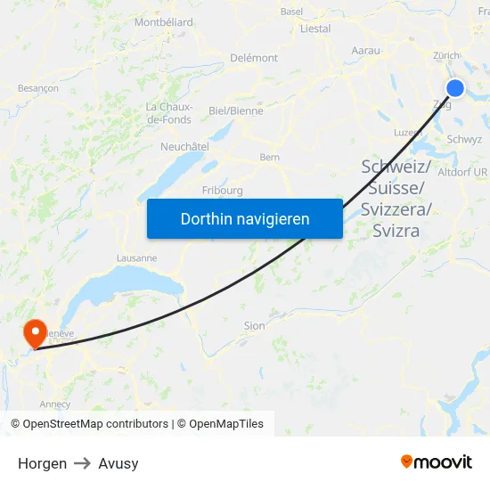 Horgen to Avusy map
