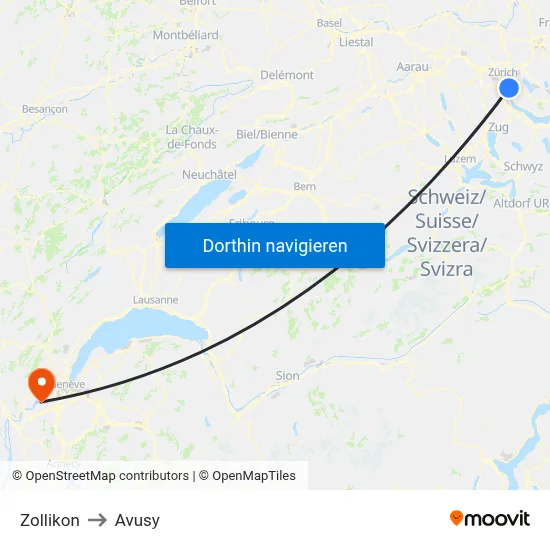 Zollikon to Avusy map
