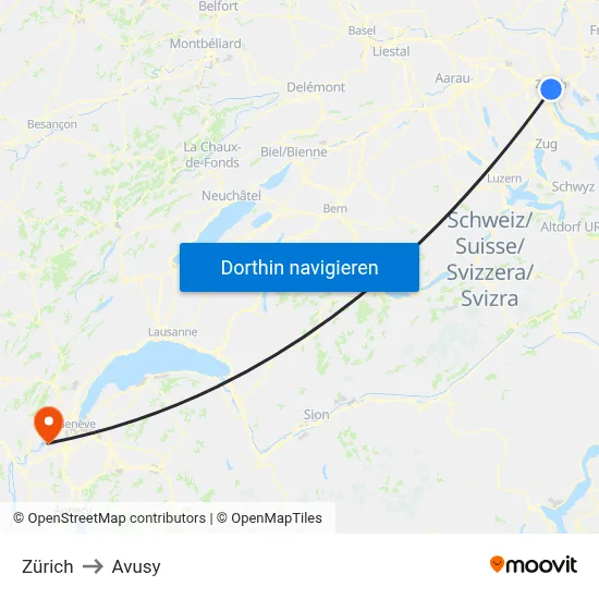 Zürich to Avusy map