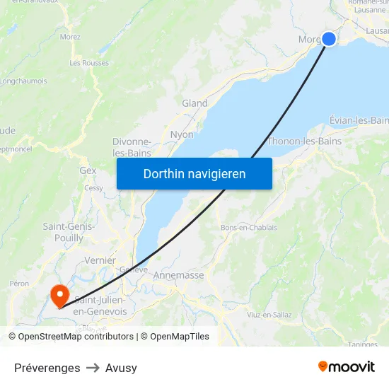 Préverenges to Avusy map