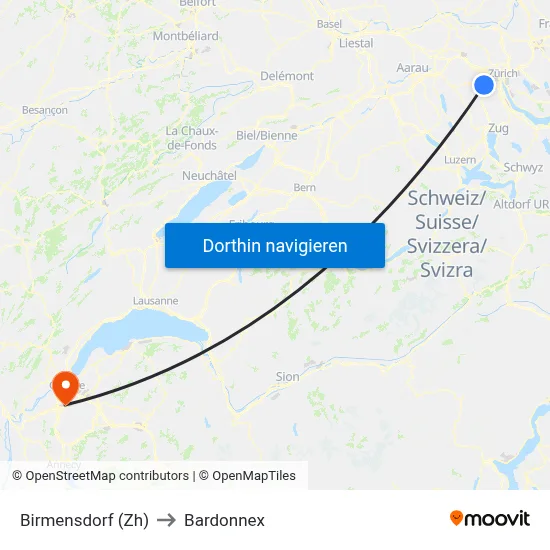 Birmensdorf (Zh) to Bardonnex map
