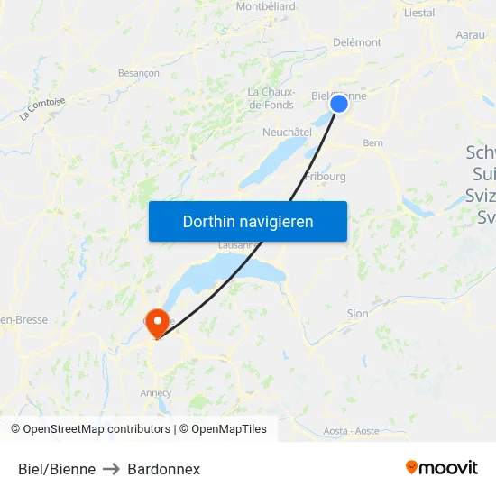 Biel/Bienne to Bardonnex map