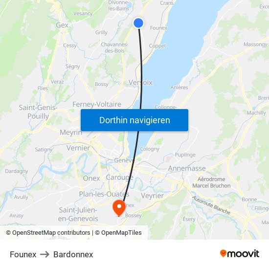 Founex to Bardonnex map