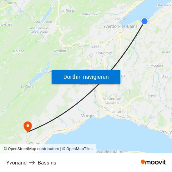Yvonand to Bassins map