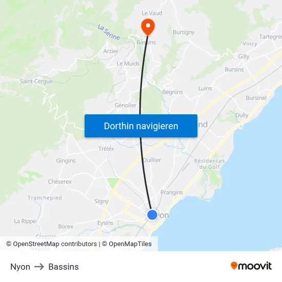 Nyon to Bassins map