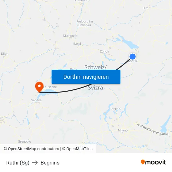 Rüthi (Sg) to Begnins map