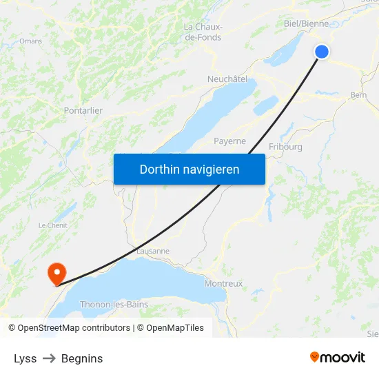 Lyss to Begnins map