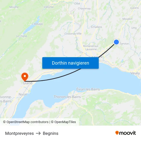 Montpreveyres to Begnins map