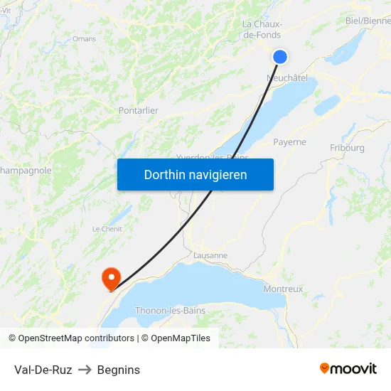 Val-De-Ruz to Begnins map