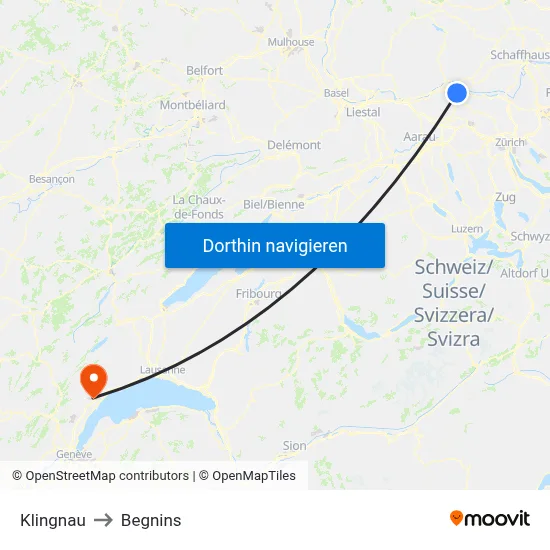 Klingnau to Begnins map
