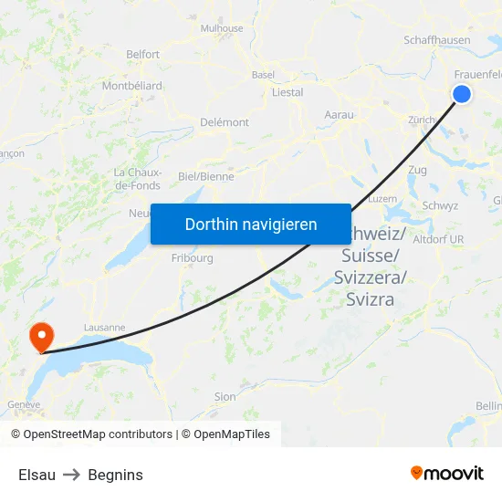 Elsau to Begnins map