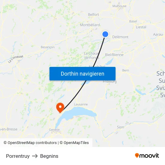 Porrentruy to Begnins map