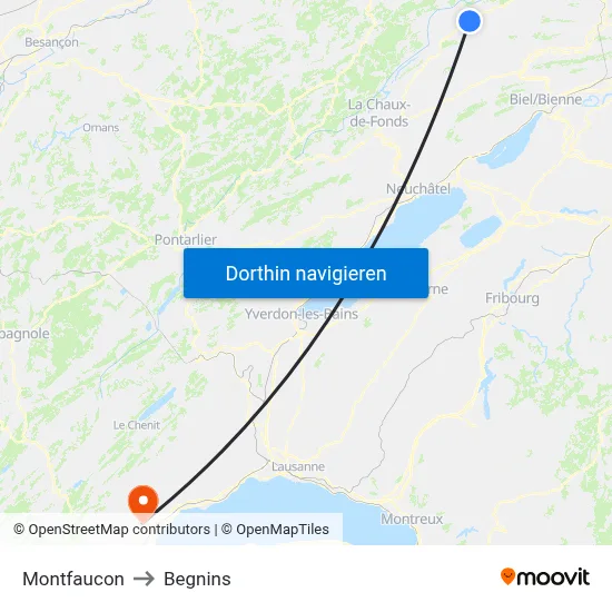 Montfaucon to Begnins map