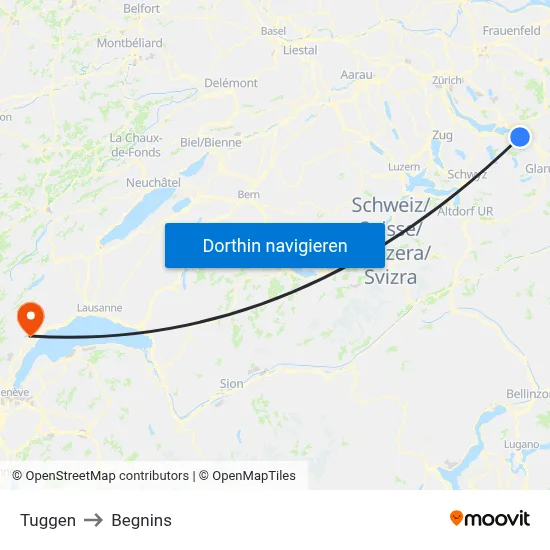 Tuggen to Begnins map