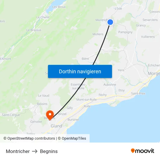 Montricher to Begnins map