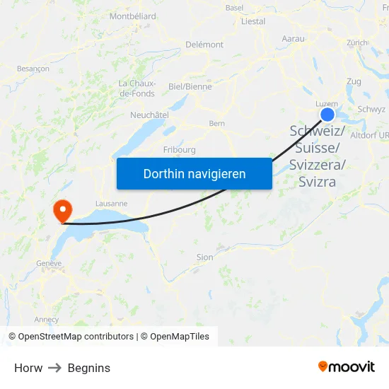 Horw to Begnins map