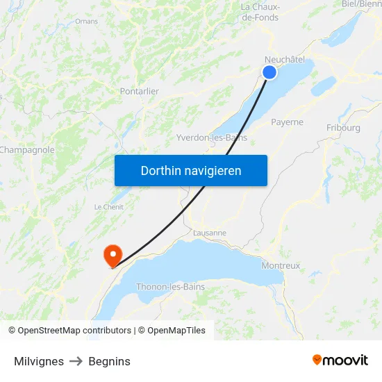 Milvignes to Begnins map