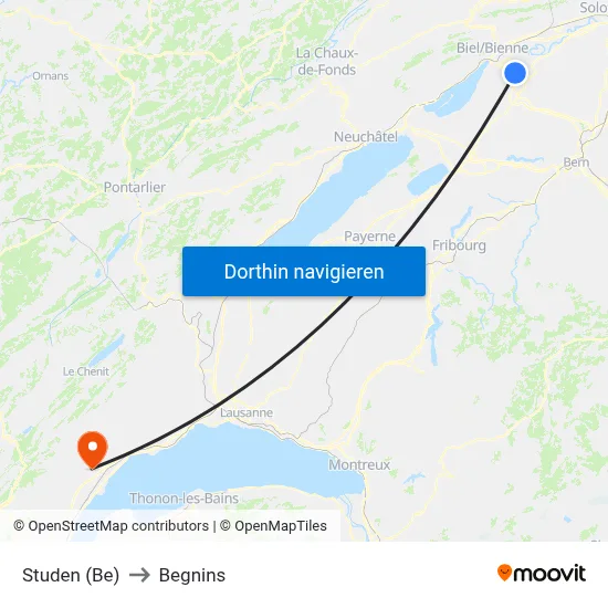Studen (Be) to Begnins map