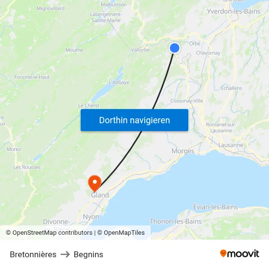 Bretonnières to Begnins map