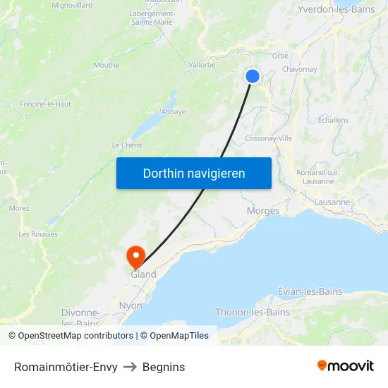 Romainmôtier-Envy to Begnins map