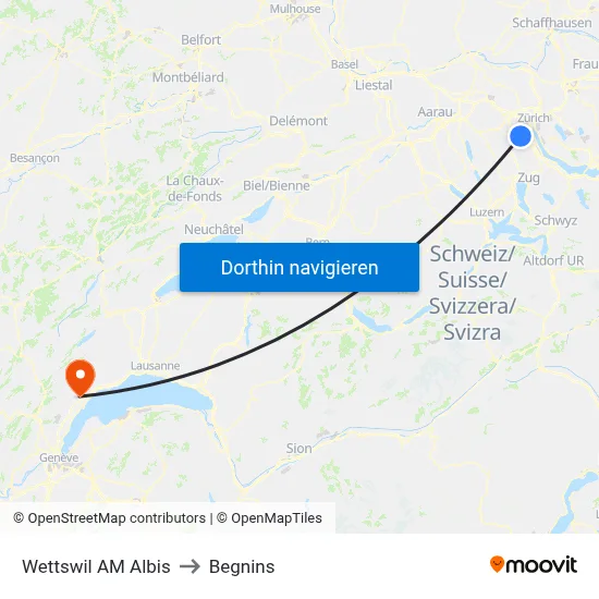 Wettswil AM Albis to Begnins map