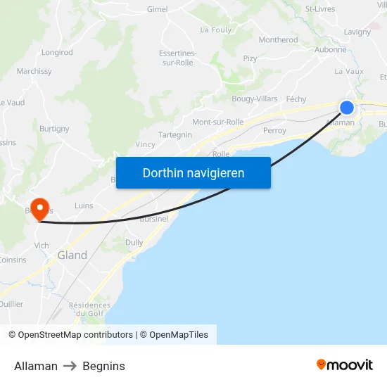Allaman to Begnins map