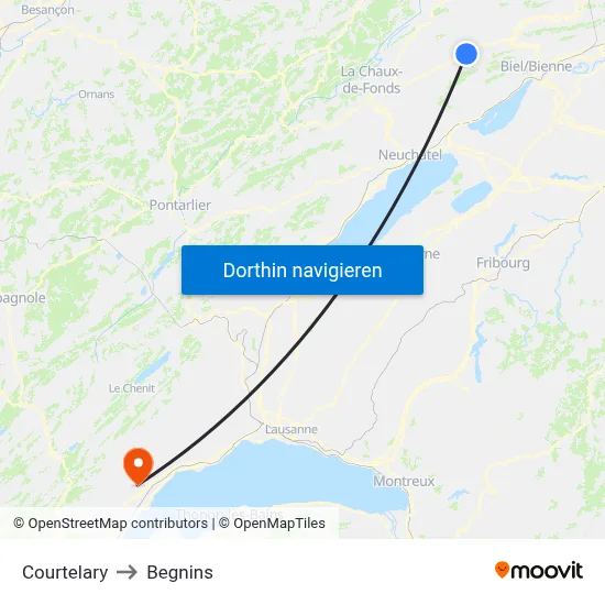 Courtelary to Begnins map