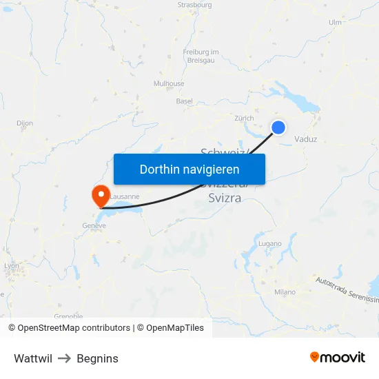 Wattwil to Begnins map
