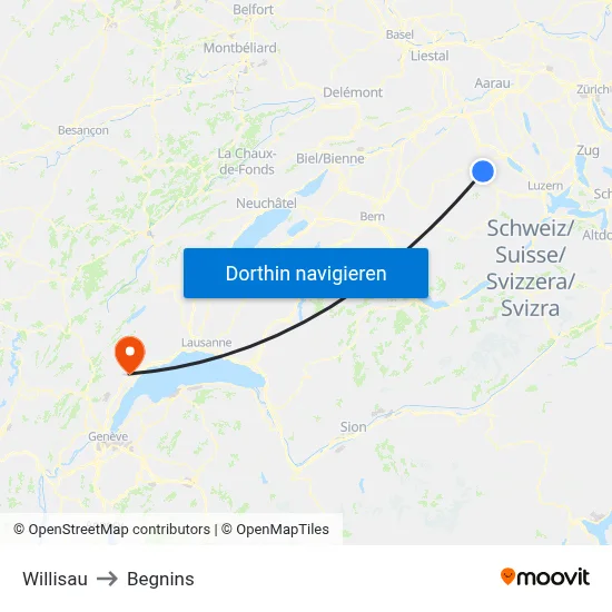 Willisau to Begnins map