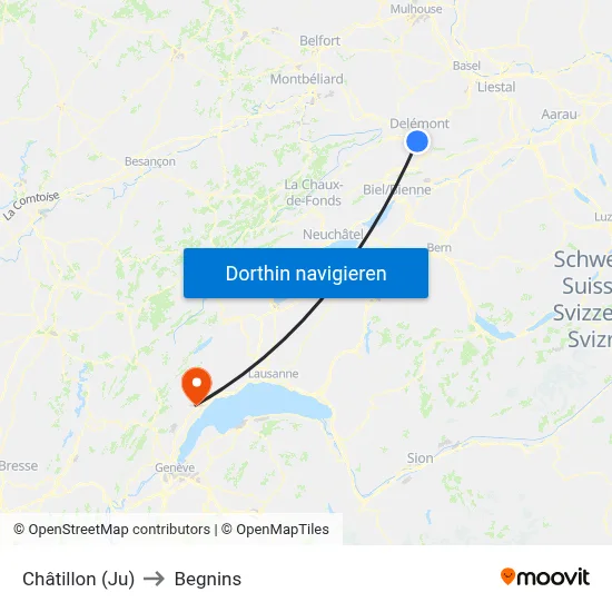 Châtillon (Ju) to Begnins map