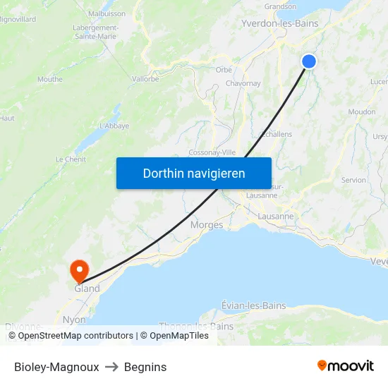 Bioley-Magnoux to Begnins map