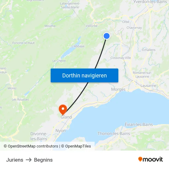 Juriens to Begnins map