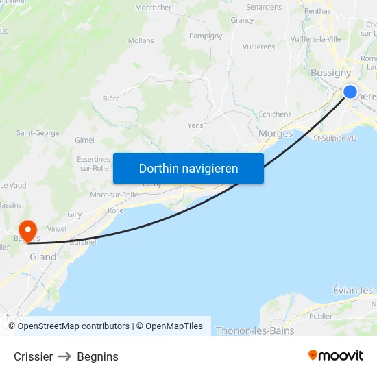 Crissier to Begnins map