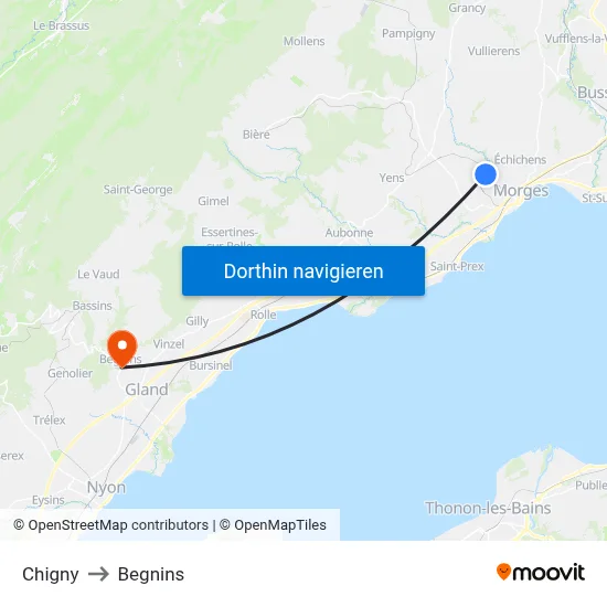 Chigny to Begnins map