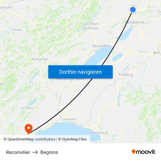 Reconvilier to Begnins map