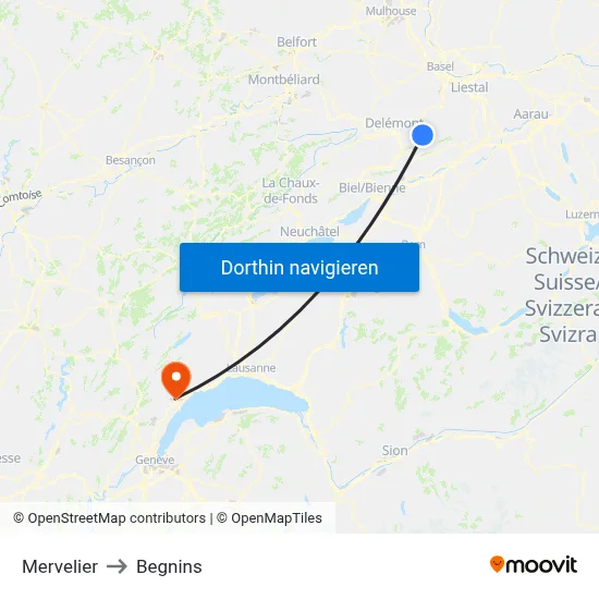 Mervelier to Begnins map