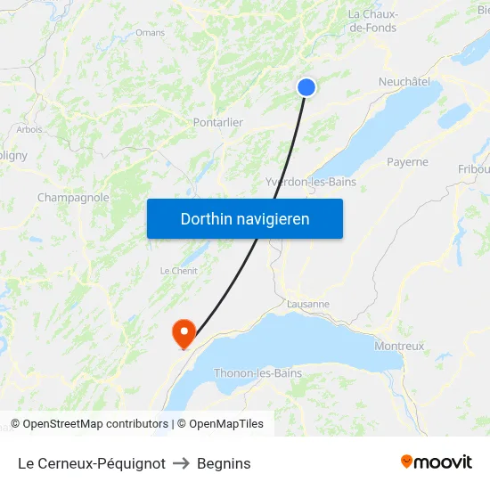 Le Cerneux-Péquignot to Begnins map