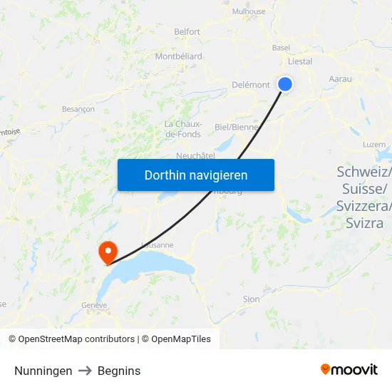 Nunningen to Begnins map