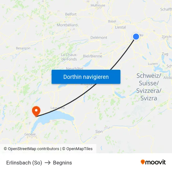 Erlinsbach (So) to Begnins map