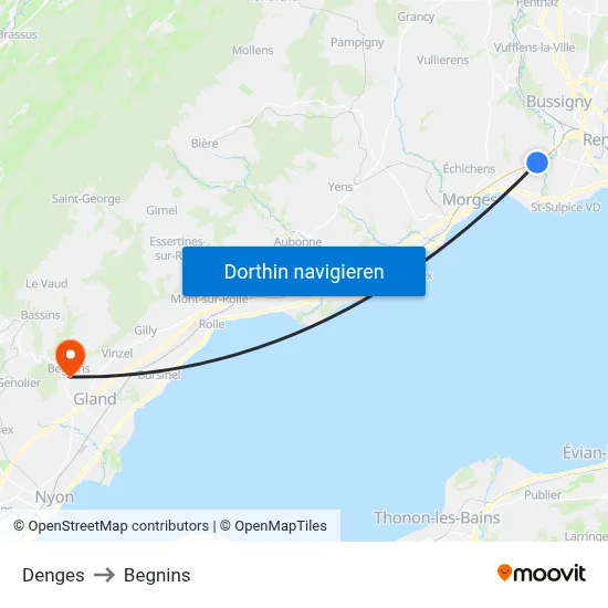 Denges to Begnins map