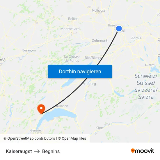 Kaiseraugst to Begnins map