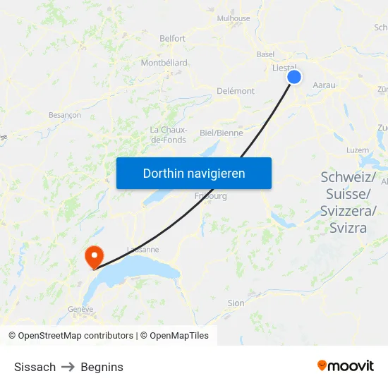 Sissach to Begnins map